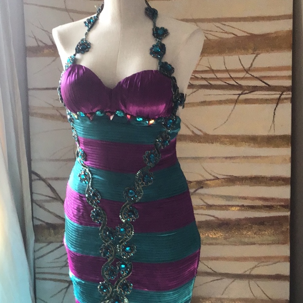 Purple / green custom couture dress